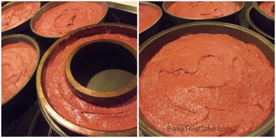 Red Velvet Cake Batter in the pans for baking bake this cake