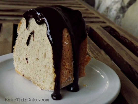 Chocolate Sauce on a slice of vintage spice cake bake this cake