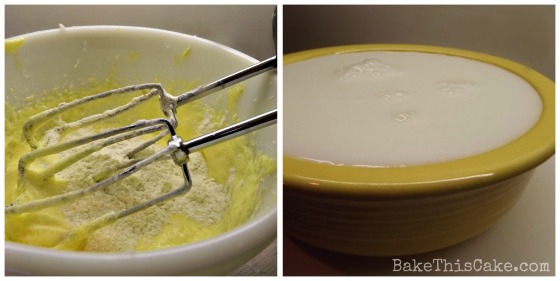 Adding flour and milk to pudding cake batter by bake this cake