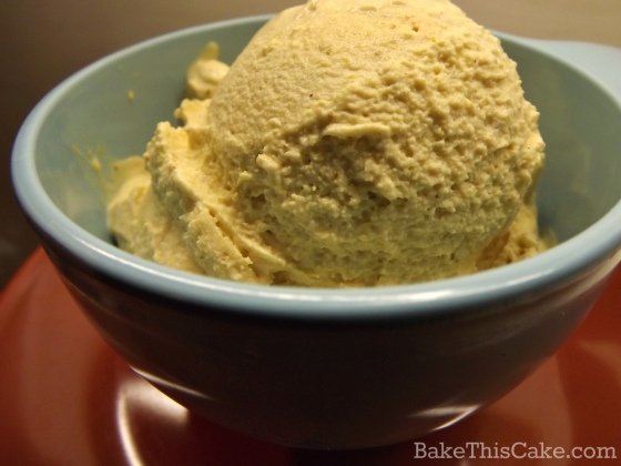 Homemade Creamy Pumpkin Spice Ice Cream in a retro cup and saucer by bake this cake