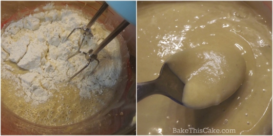 Mixing dry and wet ingreients for maple syrup cake by bakethiscake